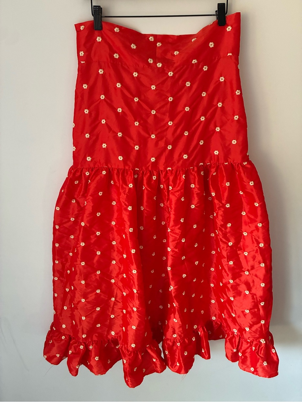 Batsheva Skirt Women’s 8 Natasha Silk Taffeta Midi Red Embroidered Floral Ruffle